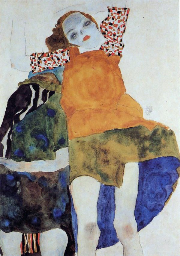 Two Seated Girls by Egon Schiele - Hand-Painted Oil Painting on Canvas For Discount