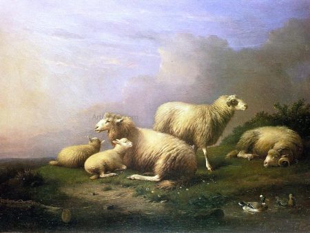 A Flock of Sheep Resting by a Pond by Francois Van Severdonck - Hand-Painted Oil Painting on Canvas For Cheap