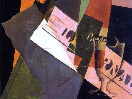 Bottle, Glass and Newspaper by Juan Gris - Hand-Painted Oil Painting on Canvas Cheap