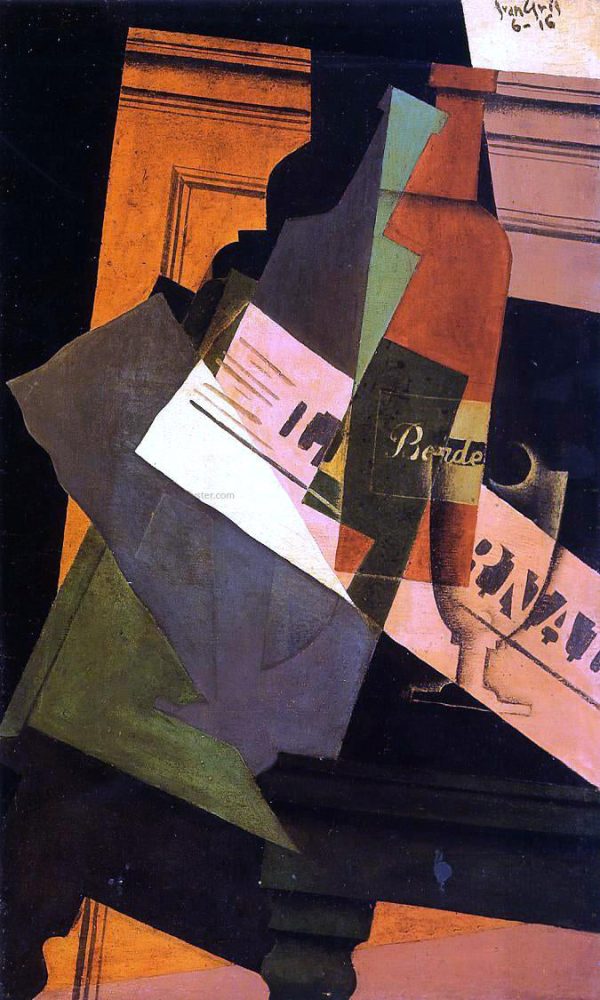 Bottle, Glass and Newspaper by Juan Gris - Hand-Painted Oil Painting on Canvas Cheap