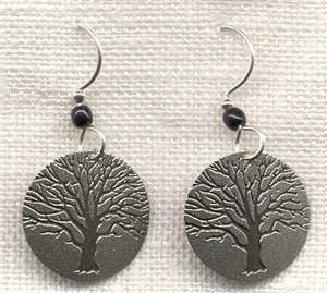 Round Silvertone Family Tree Earring with black bead Online Hot Sale