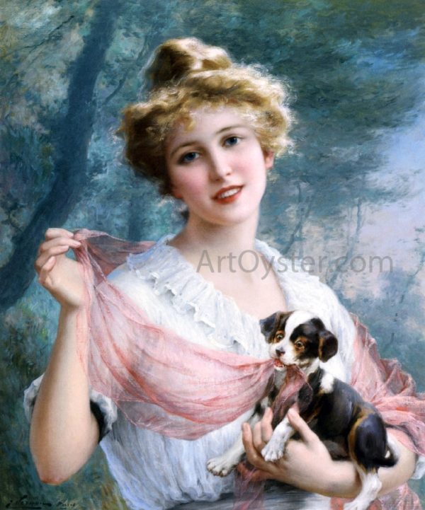 The Mischievous Puppy by Emile Vernon - Hand-Painted Oil Painting on Canvas For Discount