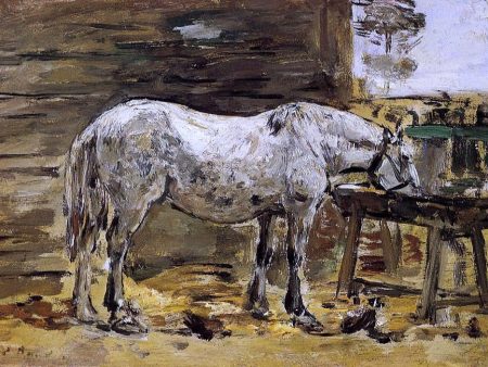 White Horse at the Feeding Trough by Eugene-Louis Boudin - Hand-Painted Oil Painting on Canvas on Sale