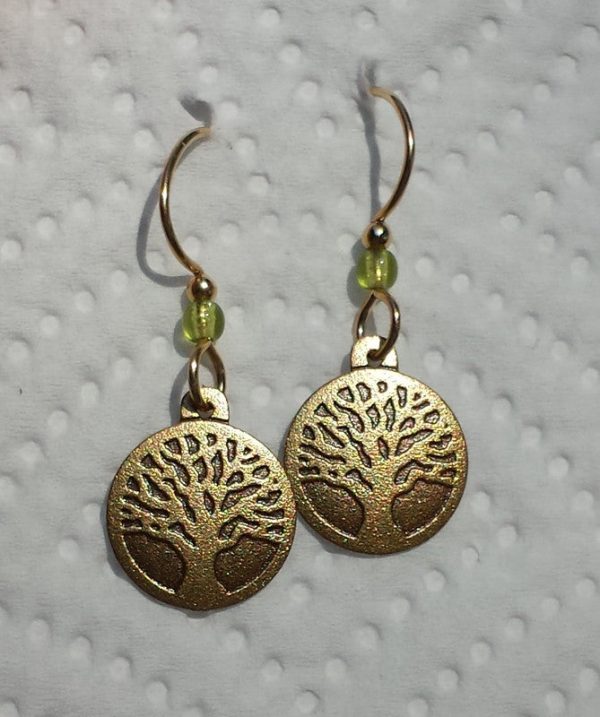 Tiny Brass Tree Earrings with Peridot Bead Online