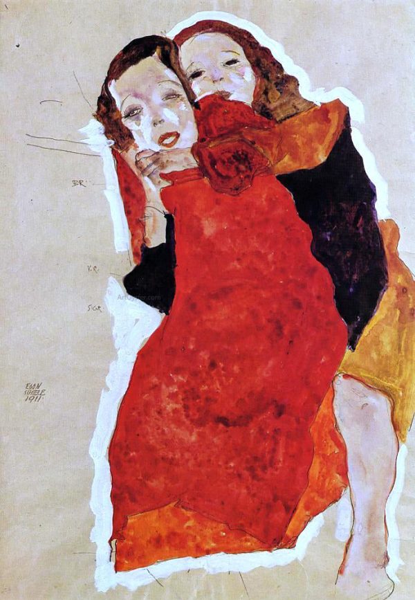 Two Girls by Egon Schiele - Hand-Painted Oil Painting on Canvas For Cheap