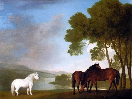 Two Bay Mares And A Grey Pony In A Landscape by George Stubbs - Hand-Painted Oil Painting on Canvas Online Hot Sale