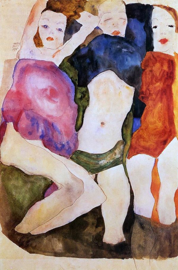 Three Girls by Egon Schiele - Hand-Painted Oil Painting on Canvas Online now