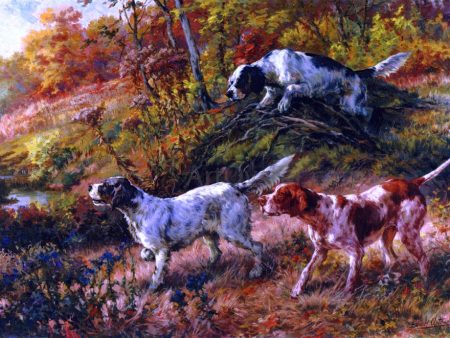 Three Setters on Point by Edmond H Osthaus - Hand-Painted Oil Painting on Canvas on Sale