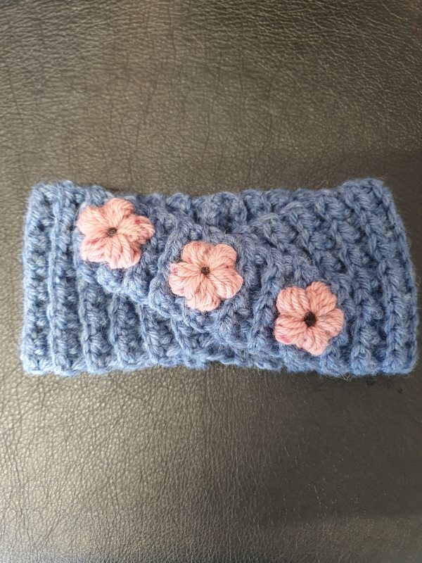 Headband - Denim Blue with pink daisies For Discount