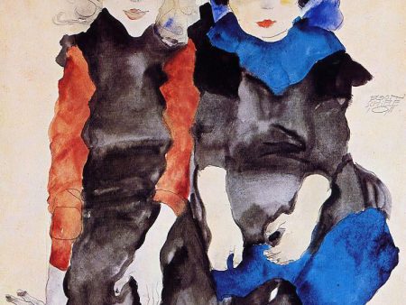 Two Little Girls by Egon Schiele - Hand-Painted Oil Painting on Canvas Online Hot Sale