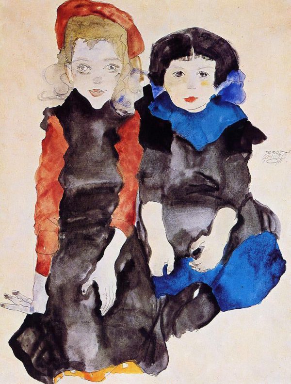 Two Little Girls by Egon Schiele - Hand-Painted Oil Painting on Canvas Online Hot Sale