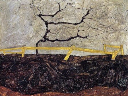 Bare Tree behind a Fence by Egon Schiele - Hand-Painted Oil Painting on Canvas on Sale