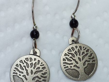 Tiny Silvertone Tree with Black Bead Earrings Online now