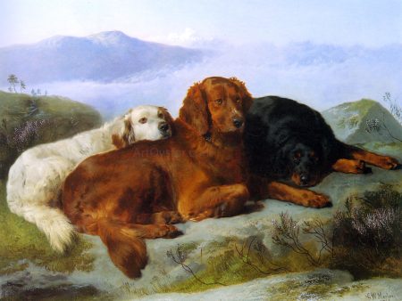 A Golden Retriever, Irish Setter, and a Gordon Setter in a Mountainous Landscape by George W Horlor - Hand-Painted Oil Painting on Canvas Online now