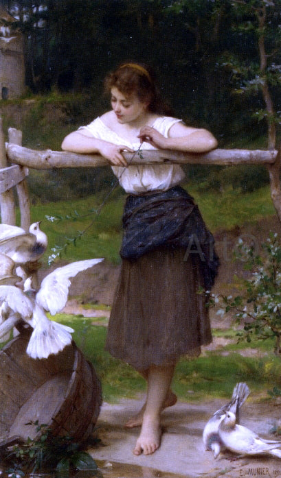 Teasing the Doves by Emile Munier - Hand-Painted Oil Painting on Canvas on Sale