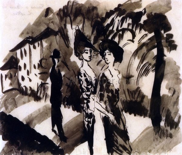 Two Women and an Man on an Avenue by August Macke - Hand-Painted Oil Painting on Canvas Online Hot Sale