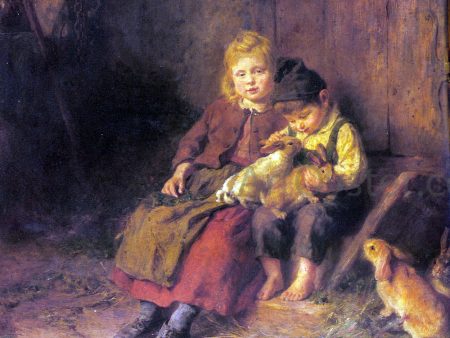 Two Children Playing with Rabbits by Felix Schlesinger - Hand-Painted Oil Painting on Canvas For Sale