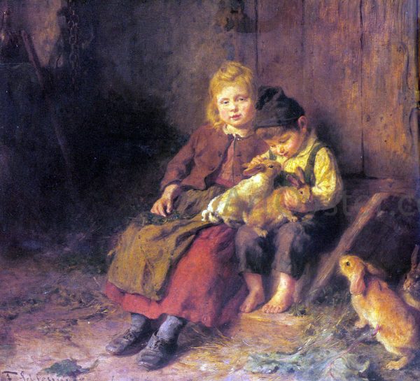 Two Children Playing with Rabbits by Felix Schlesinger - Hand-Painted Oil Painting on Canvas For Sale